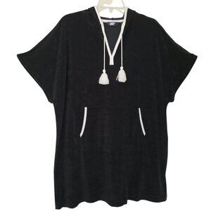 Lands' End Women's Terry V-neck Short Sleeve Hooded Swim Cover-up Dress w/Pocket